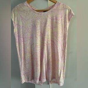 TAHARAI 100% LINEN SHORT SLEEVED POP OVER SUMMER TOP PASTEL LEAF PATTERN  SMALL